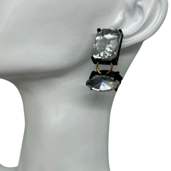 Vintage Crystal Rhinestone Drop Earring Black Setting Emerald Cut Navette - Picture 3 of 7